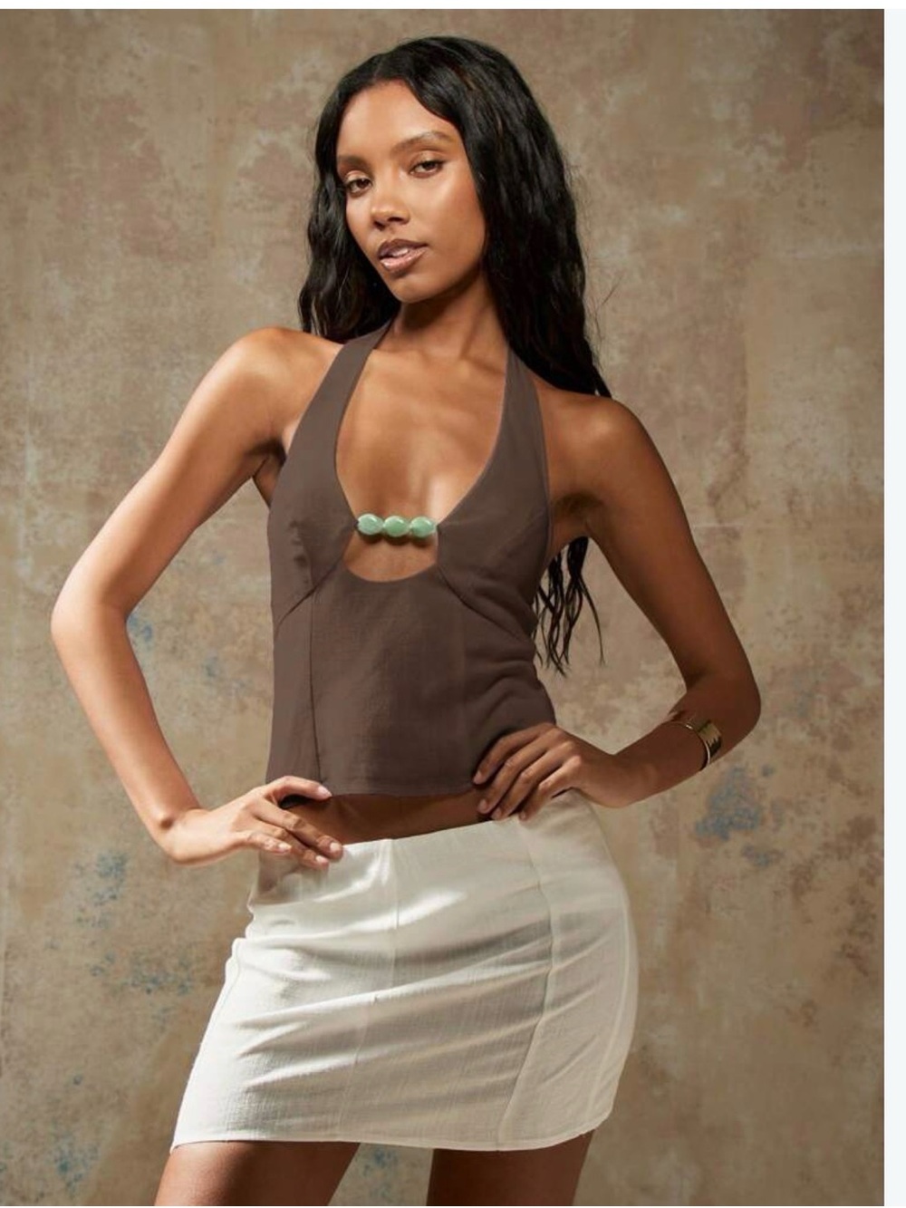 SHEIN Brown Halter Cutout Camisole with Green Bead Accent
